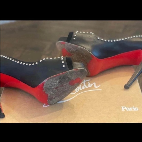 Christian Louboutin- Black Leather Peep Toe Studded Heels - Picture 10 of 11
